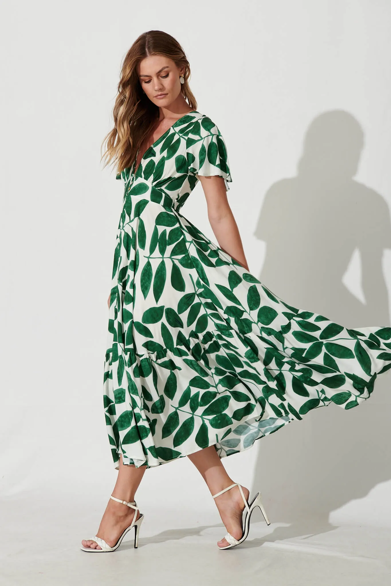 Nevada Maxi Dress In Cream With Green Leaf Print sold by St Frock product image thumbnail 3