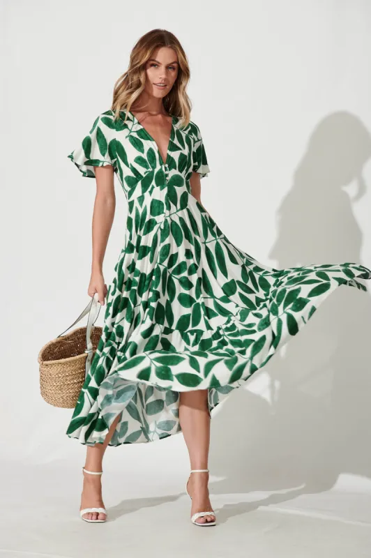 Nevada Maxi Dress In Cream With Green Leaf Print sold by St Frock
