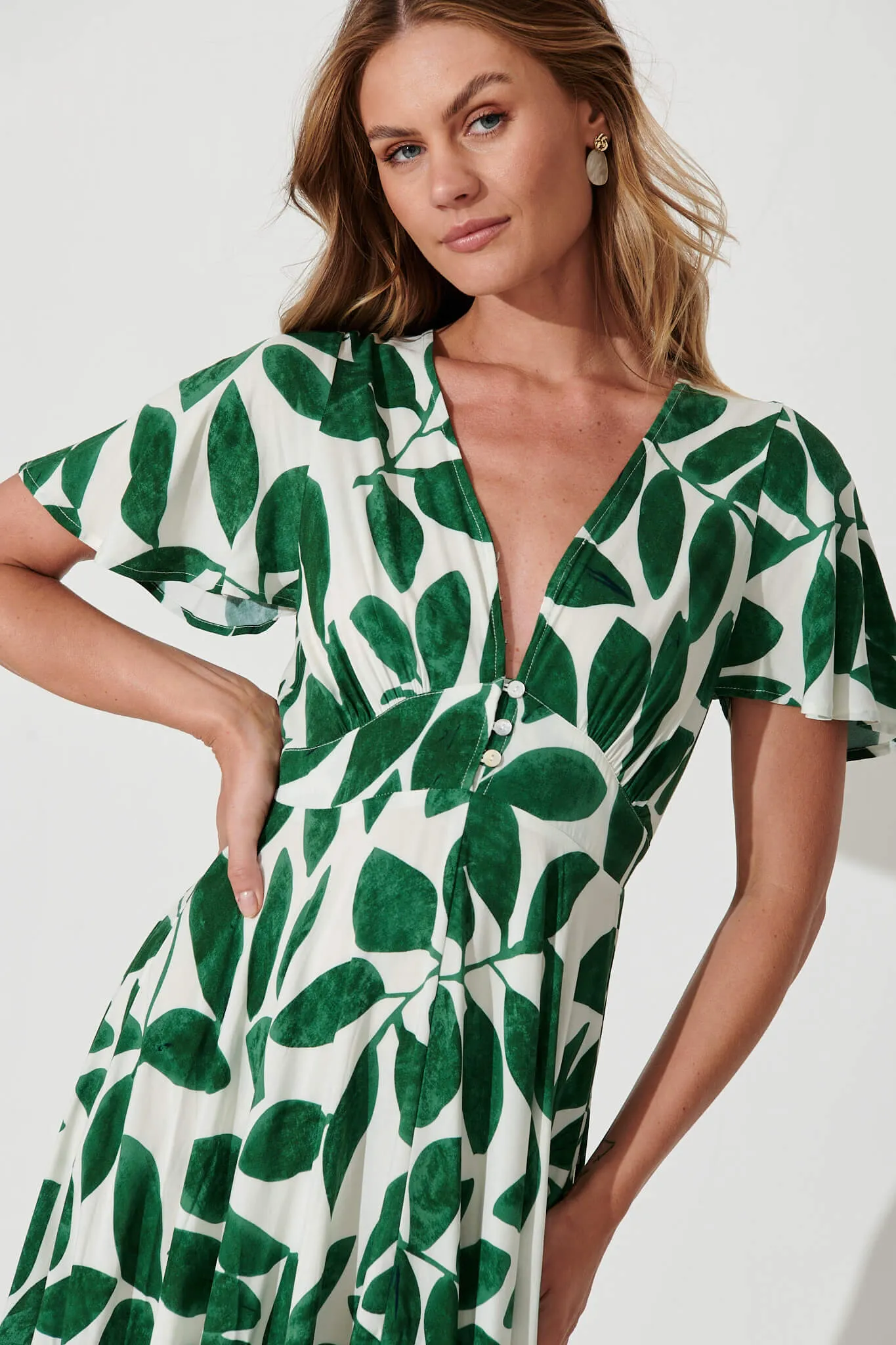 Nevada Maxi Dress In Cream With Green Leaf Print sold by St Frock product image thumbnail 5