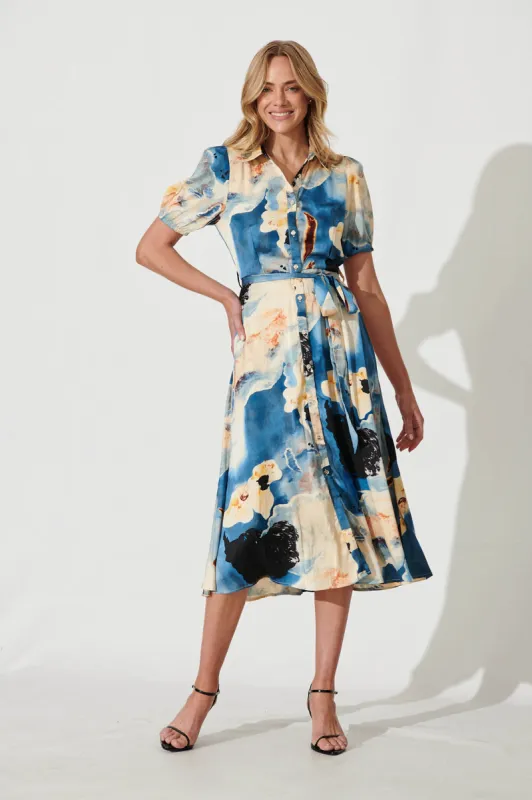 Jos Midi Shirt Dress In Blue Multi Watercolour Satin sold by St Frock