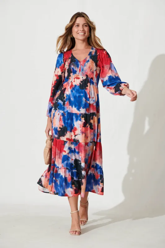 Kamikaze Midi Dress In Black Multi Watercolour sold by St Frock