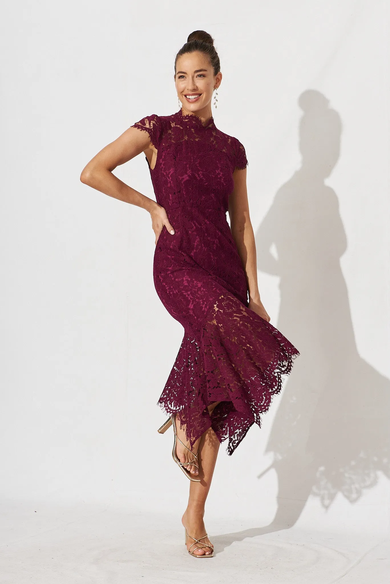 Emilise Midi Dress In Burgundy Lace sold by St Frock