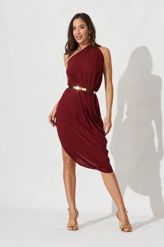 Goddess One Shoulder Maxi Dress In Wine sold by St Frock