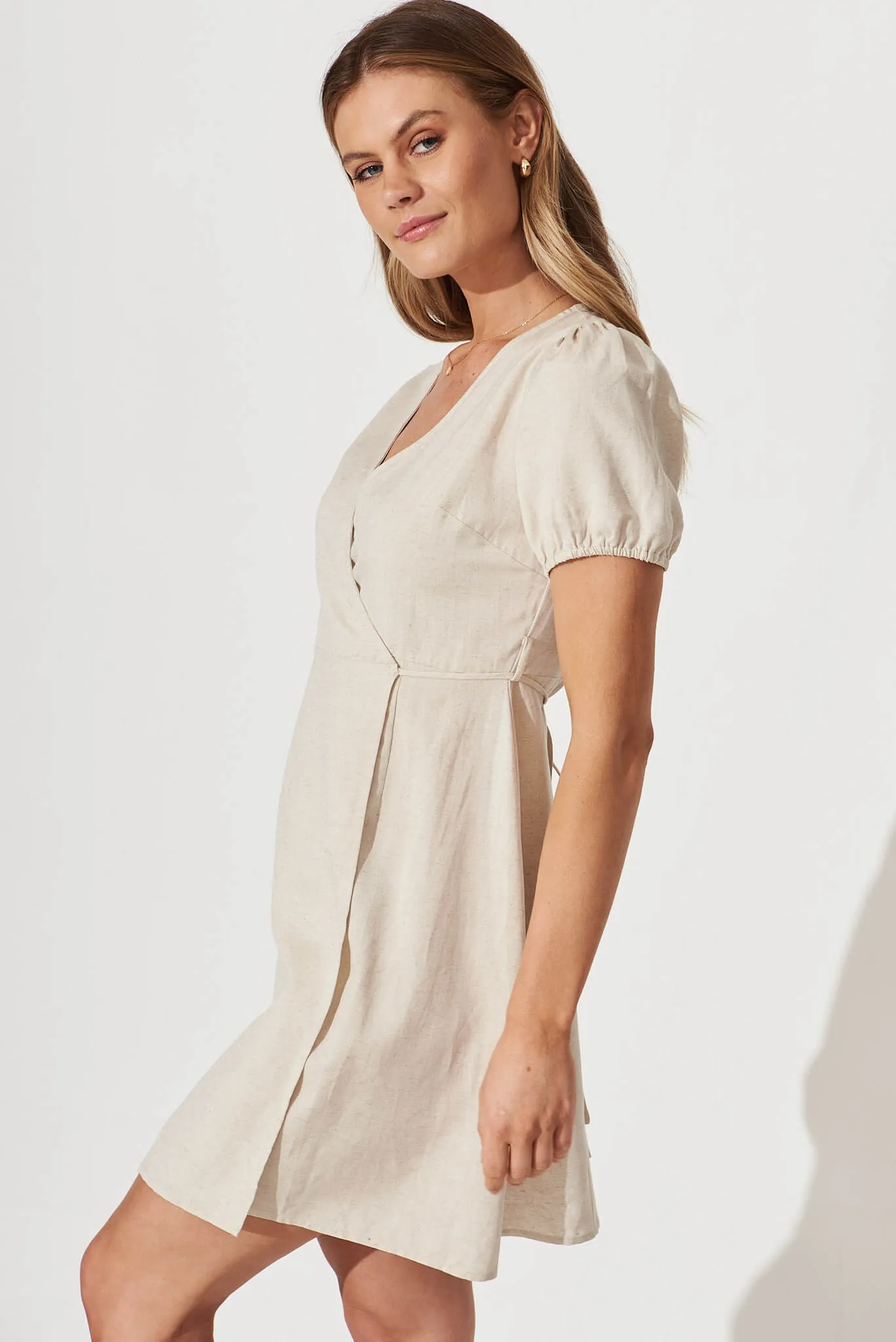 Friday Wrap Dress In Oatmeal Linen Cotton Blend sold by St Frock product image thumbnail 2