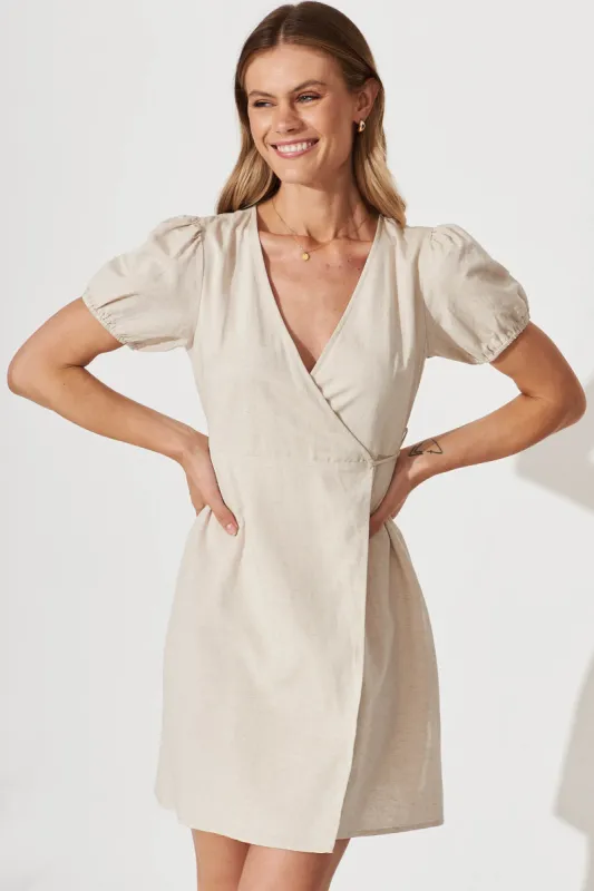 Friday Wrap Dress In Oatmeal Linen Cotton Blend sold by St Frock