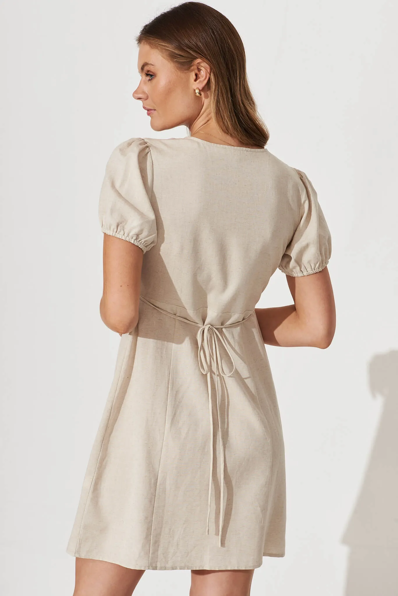 Friday Wrap Dress In Oatmeal Linen Cotton Blend sold by St Frock product image thumbnail 3