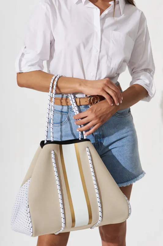 August + Delilah Rania Neoprene Tote Bag In Beige Stripe sold by St Frock