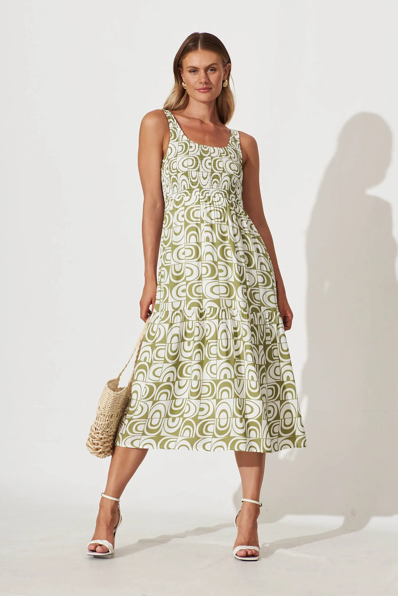 Caribbean Midi Dress In White And Green Geometric sold by St Frock