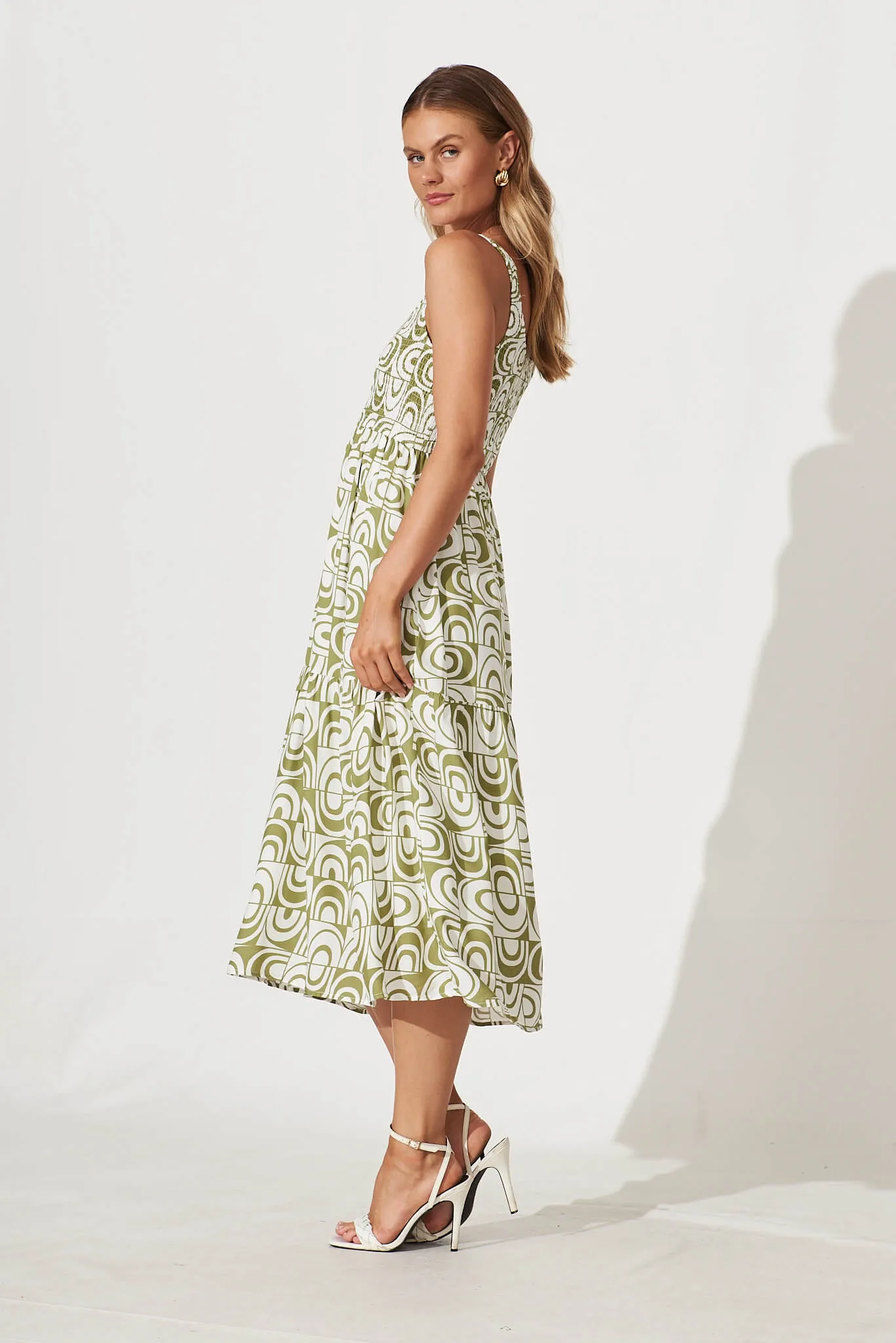 Caribbean Midi Dress In White And Green Geometric sold by St Frock product image thumbnail 3