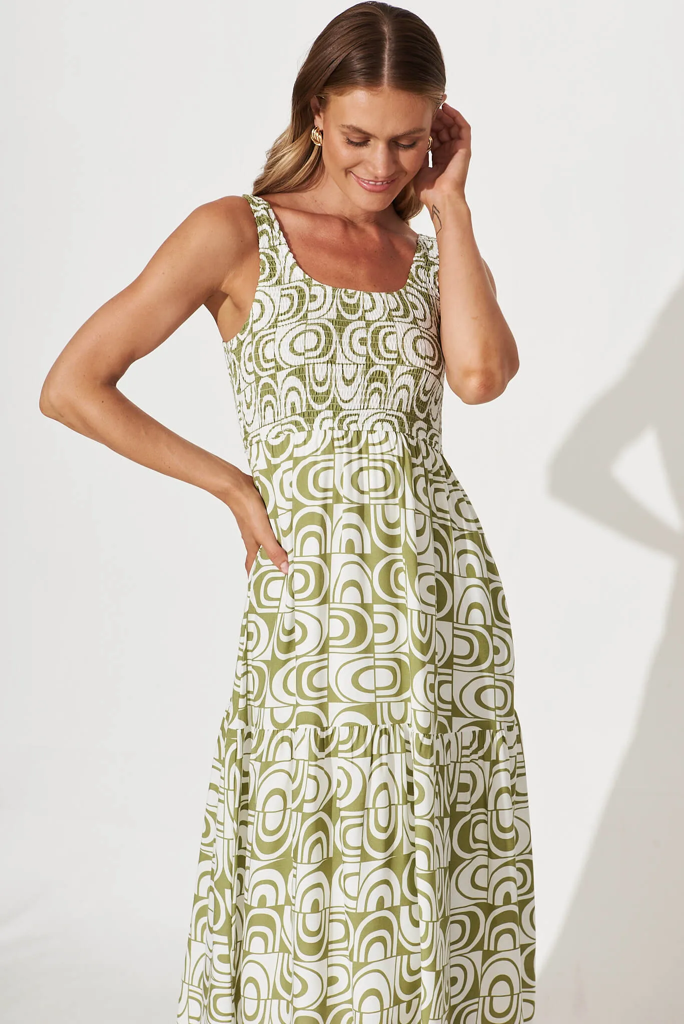 Caribbean Midi Dress In White And Green Geometric sold by St Frock product image thumbnail 2