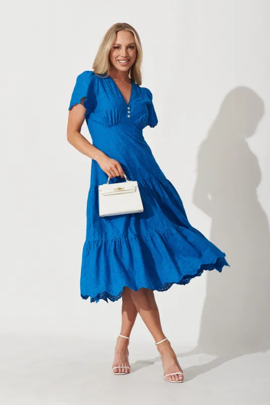 Charm Midi Dress In Blue Broderie sold by St Frock