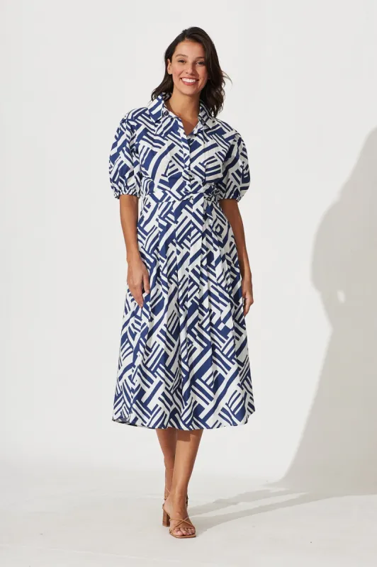 Lou Midi Dress In White And Blue Geometric Print Cotton sold by St Frock