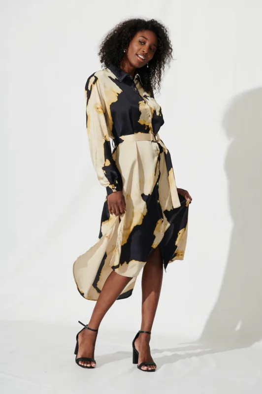 Dayside Midi Shirt Dress In Black And Champagne Satin sold by St Frock