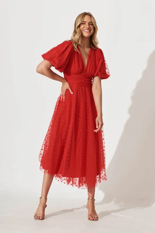 Juliet Midi Dress In Red Spot Tulle sold by St Frock