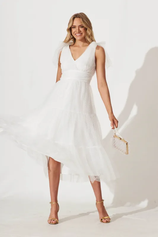 Aubrey Midi Dress In White Spot Tulle sold by St Frock