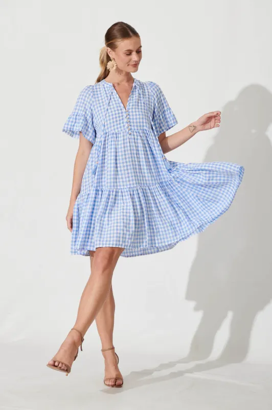 Tahnee Smock Dress In Blue And White Gingham Cotton Blend sold by St Frock