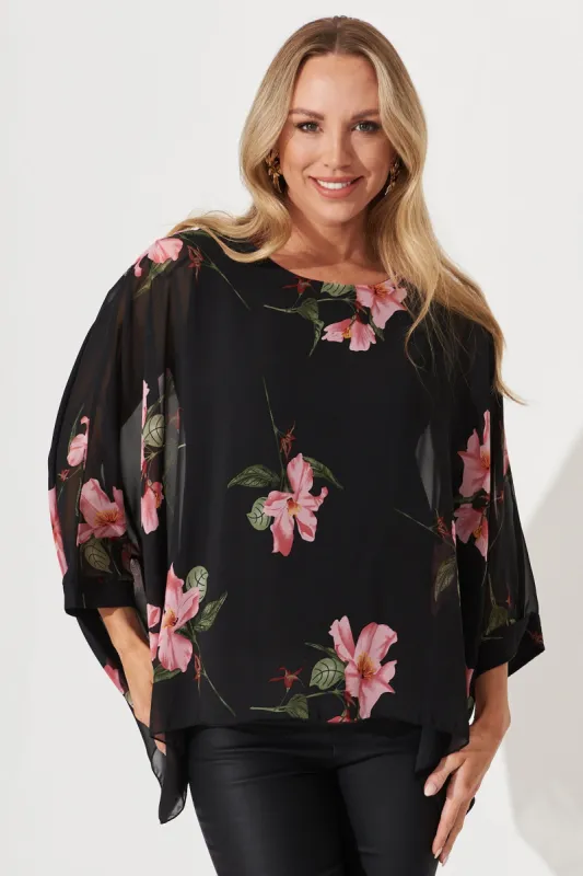 Ophelia Top In Black With Pink Lily Floral Print Chiffon sold by St Frock