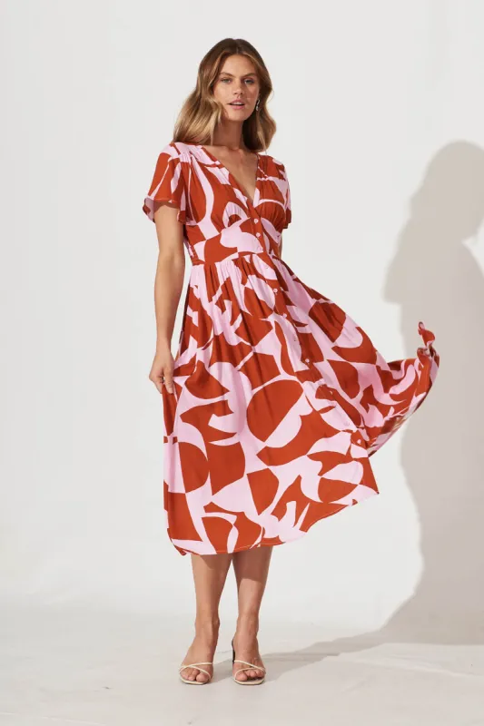 Anthea Midi Dress In Rust And Pink Geometric Print sold by St Frock