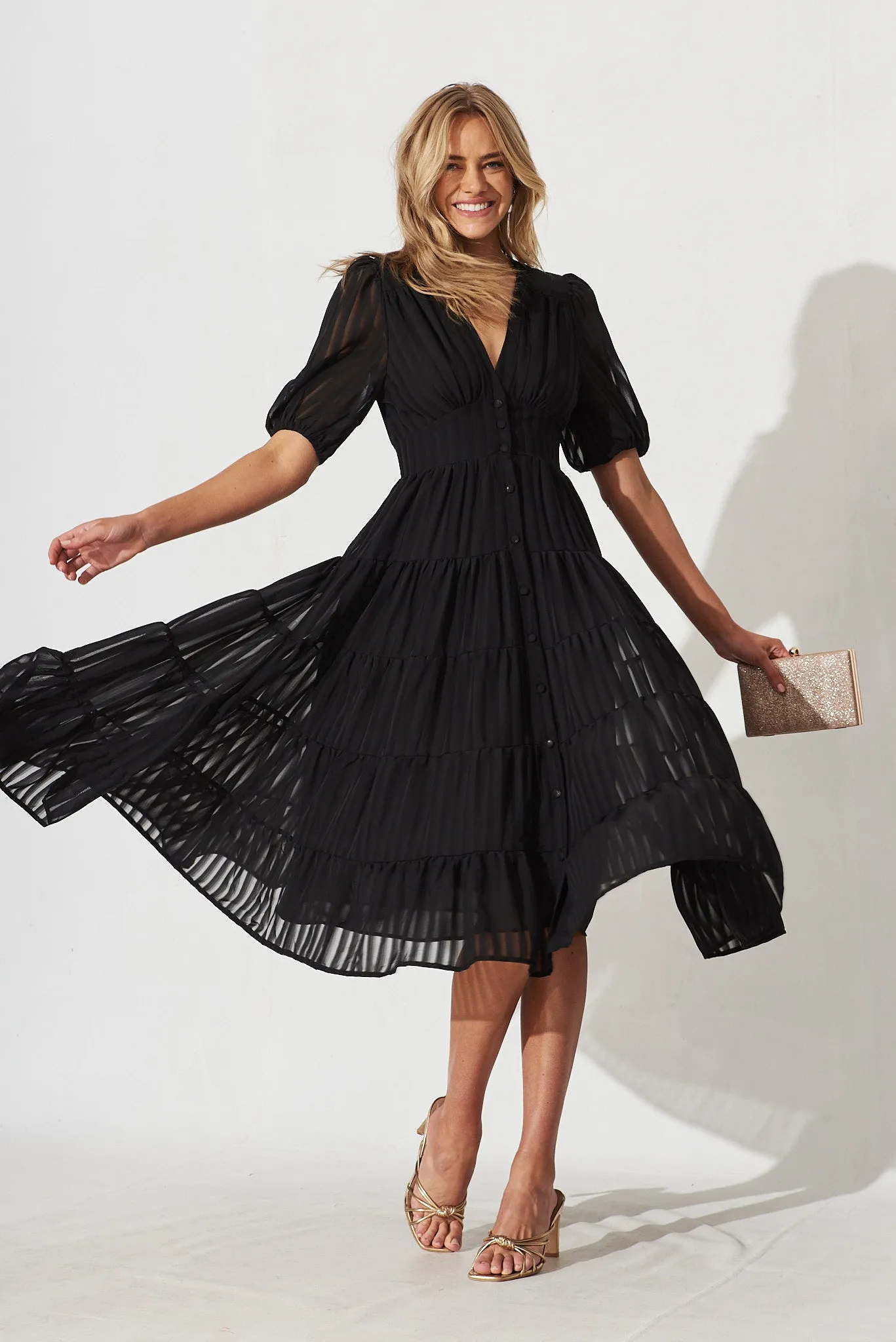 Modica Midi Dress In Black Chiffon sold by St Frock