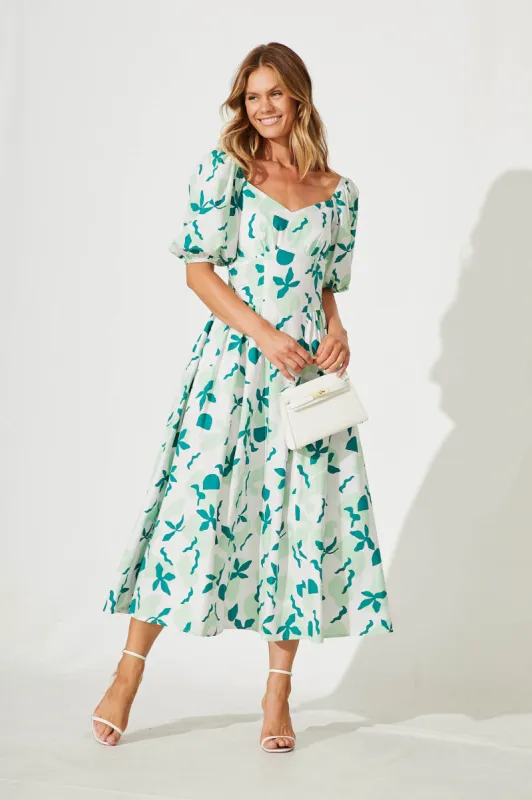 Norah Maxi Dress In White With Green Cotton sold by St Frock