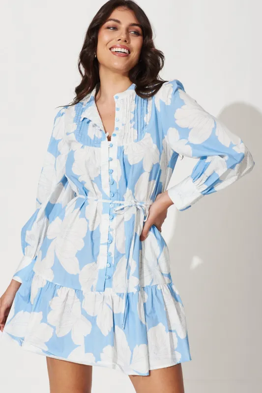 Gal Dress In Pale Blue With White Floral Print Cotton sold by St Frock