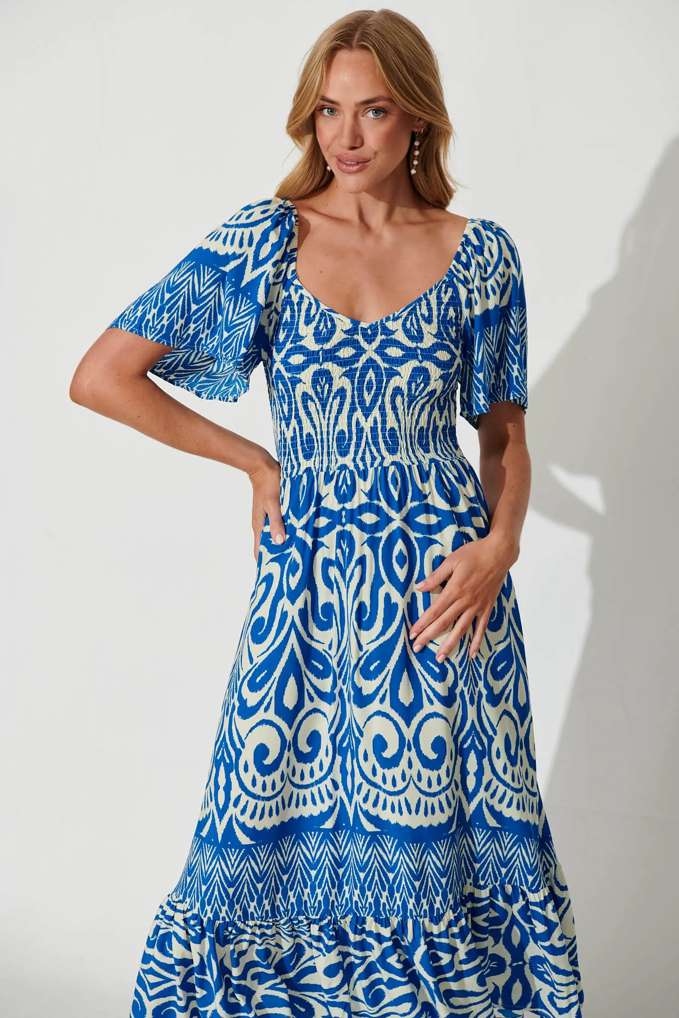 Carmella Maxi Dress In White And Blue Border Print sold by St Frock product image thumbnail 2