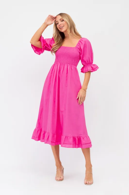 Ever Midi Dress In Hot Pink Cotton Linen sold by St Frock