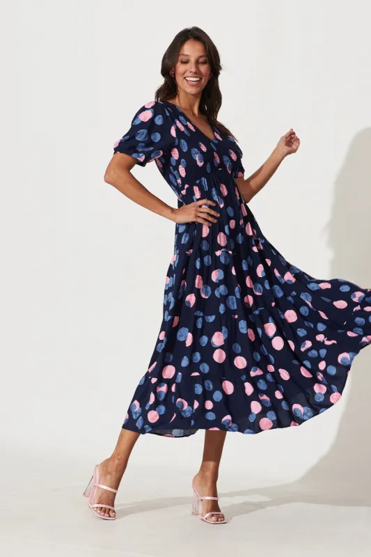 Kami Maxi Dress In Navy With Pink And Blue Spot sold by St Frock