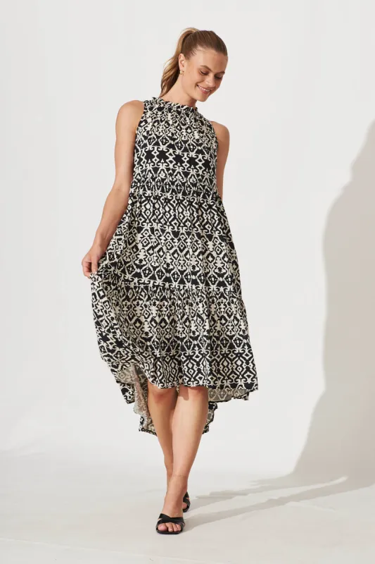Abbotsford Midi Smock Dress In Black Geometric Print sold by St Frock