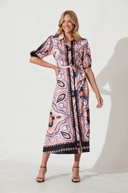 Gabriela Maxi Shirt Dress In Black Multi Print Satin sold by St Frock