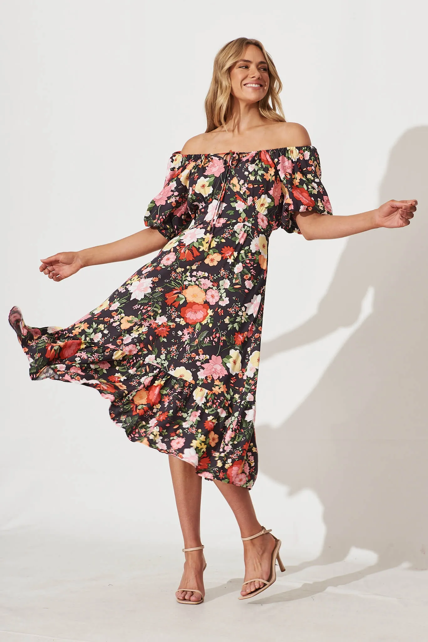 Oregon Midi Dress In Black With Multi Floral sold by St Frock