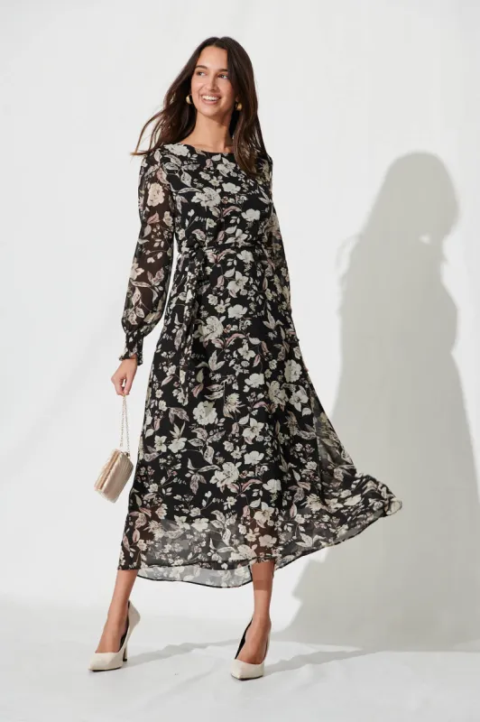 Lauren Midi Dress In Black With Cream Floral Chiffon sold by St Frock