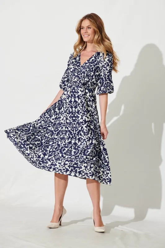 Kintan Dress In White With Navy Print sold by St Frock