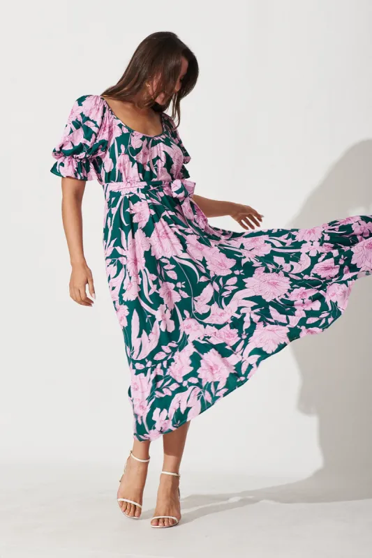 Mira Midi Dress In Green With Pink Floral sold by St Frock