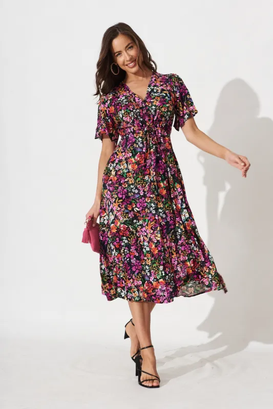 PRE ORDER Melody Midi Dress In Black Multi Floral sold by St Frock