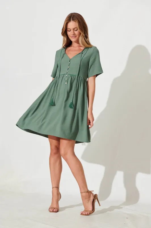 Nancy Smock Dress In Khaki Linen Blend sold by St Frock