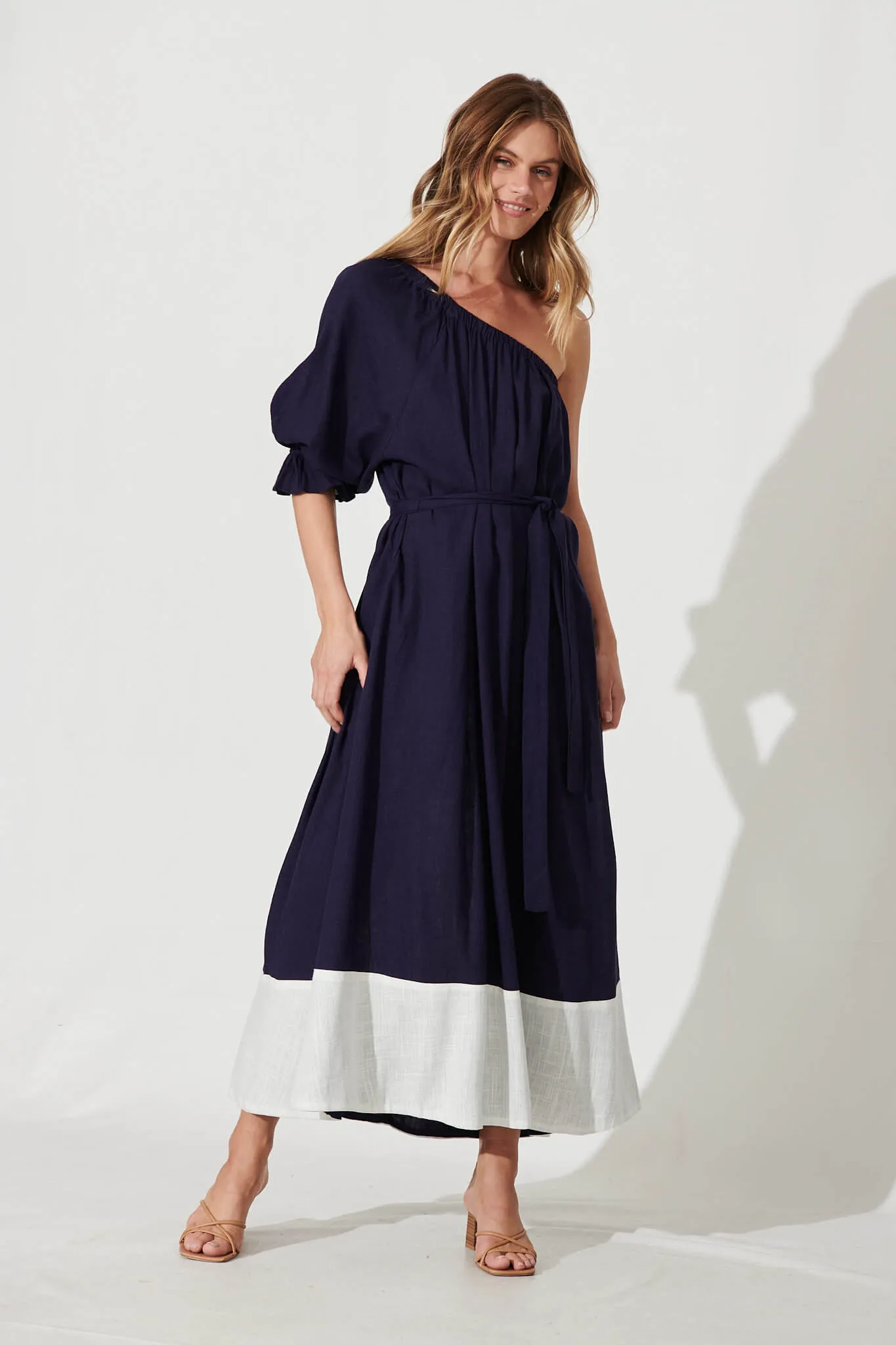 Fiesta Maxi Dress In Navy Linen Blend sold by St Frock