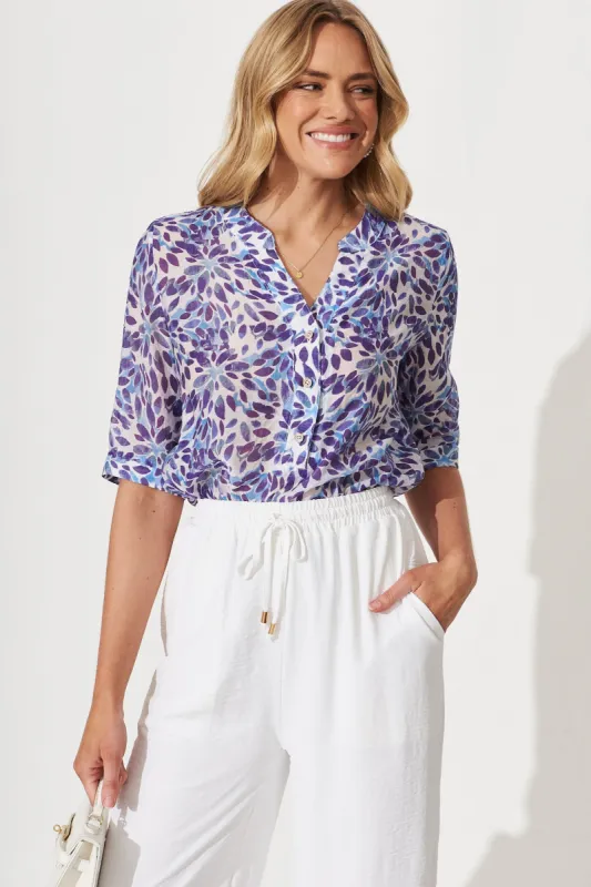 Tawny Top In White With Blue Floral Print sold by St Frock