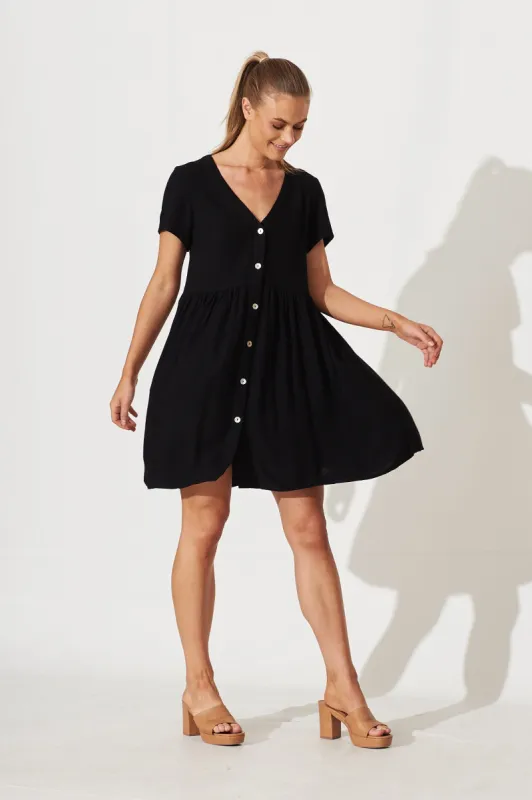 Horizon Smock Dress In Black Linen Blend sold by St Frock