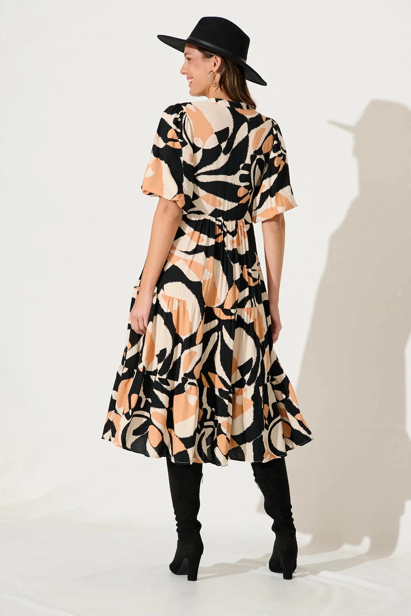Nantes Midi Smock Dress In Black With Coffee Abstract Print sold by St Frock product image thumbnail 4