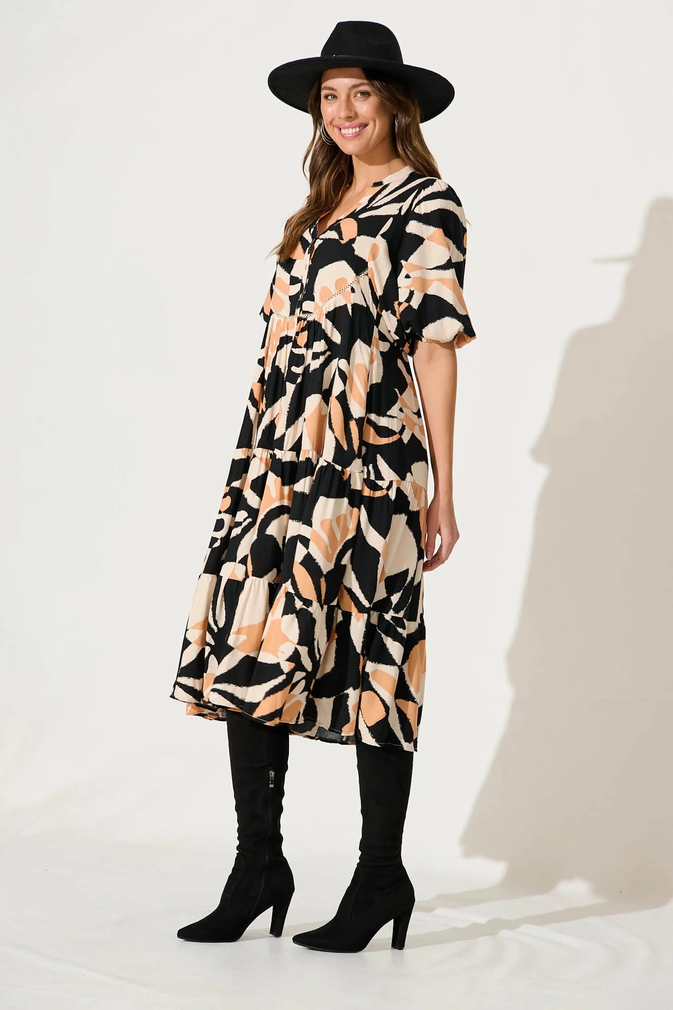 Nantes Midi Smock Dress In Black With Coffee Abstract Print sold by St Frock product image thumbnail 3