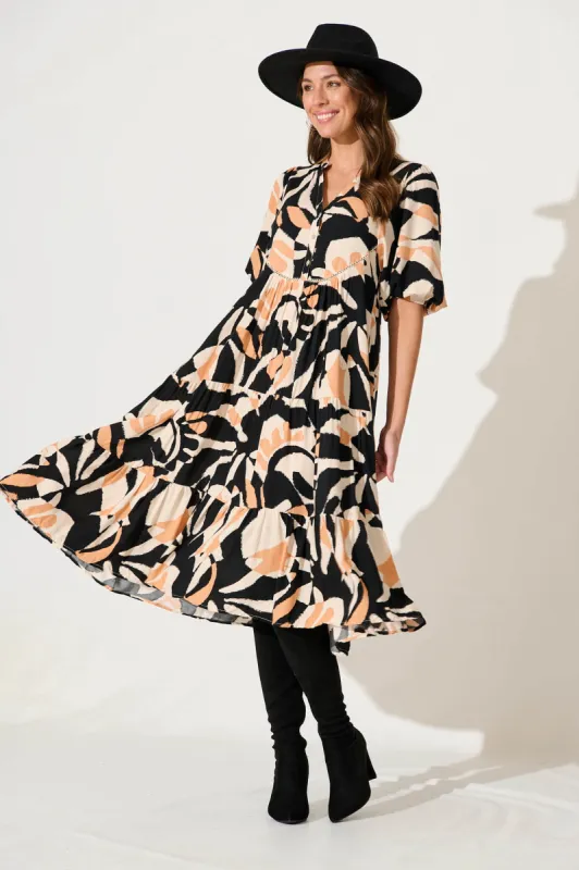 Nantes Midi Smock Dress In Black With Coffee Abstract Print sold by St Frock
