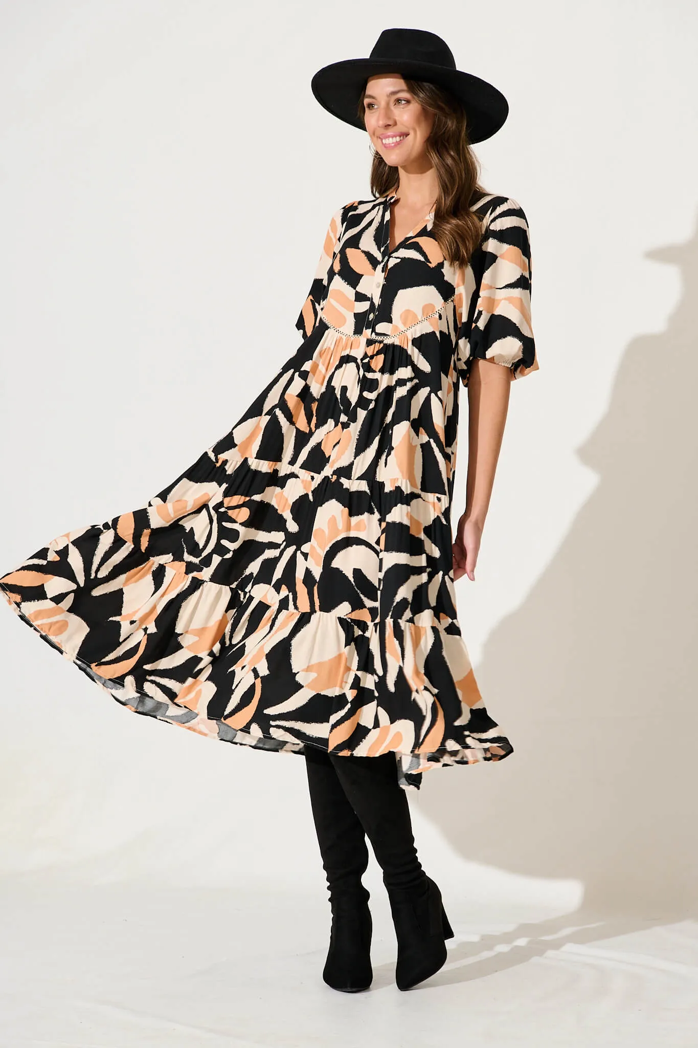 Nantes Midi Smock Dress In Black With Coffee Abstract Print sold by St Frock