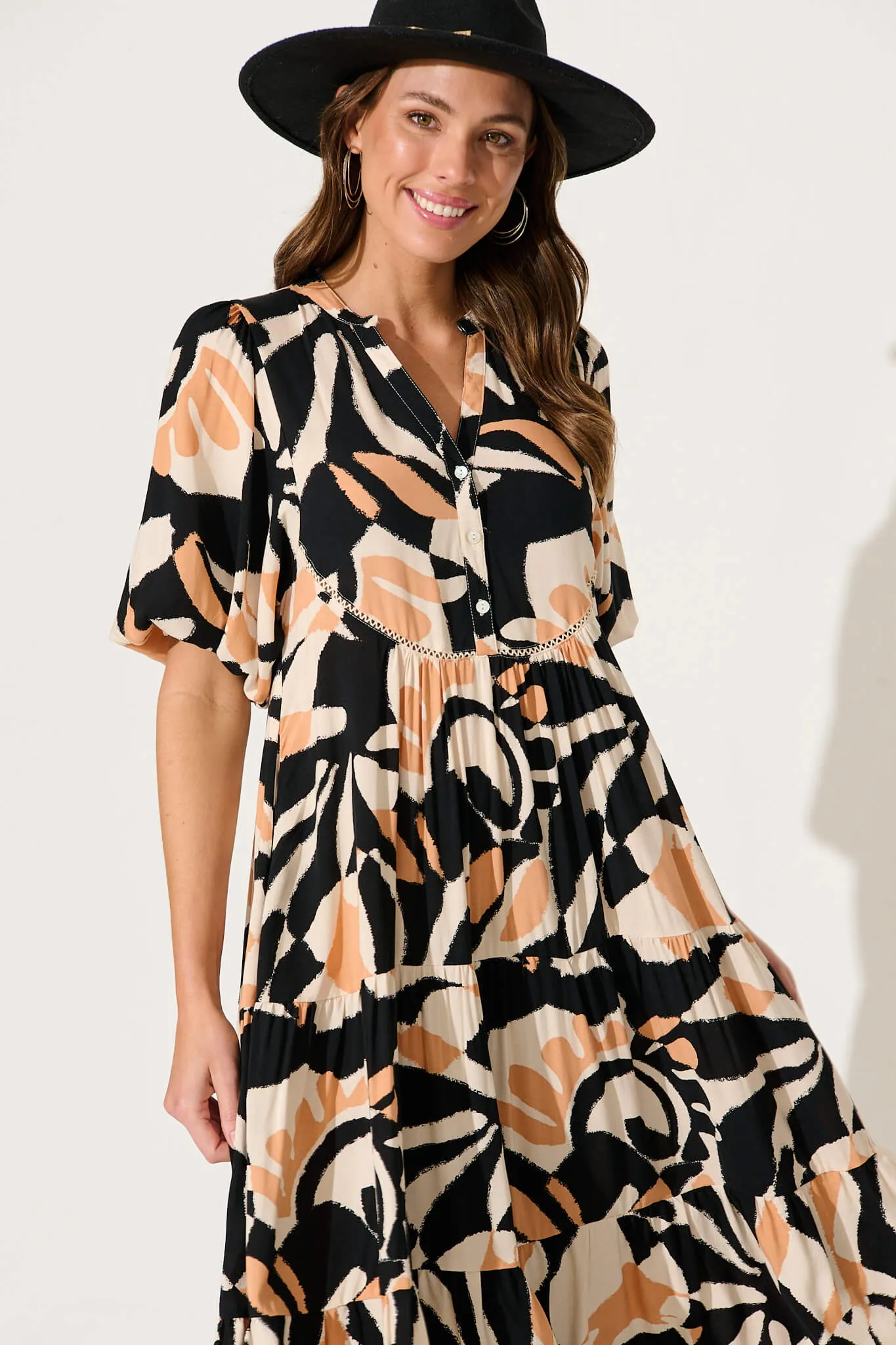 Nantes Midi Smock Dress In Black With Coffee Abstract Print sold by St Frock product image thumbnail 2