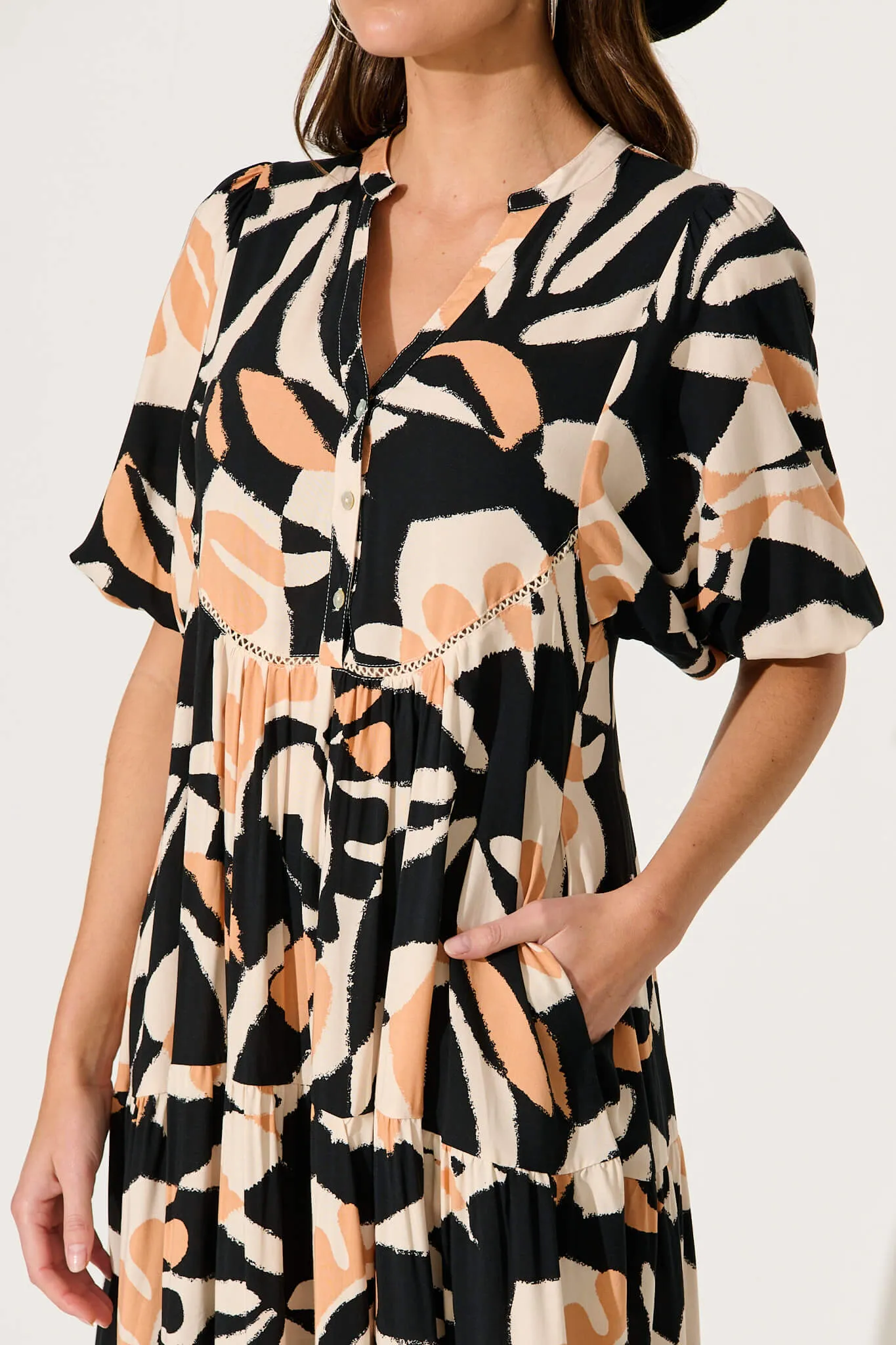 Nantes Midi Smock Dress In Black With Coffee Abstract Print sold by St Frock product image thumbnail 5