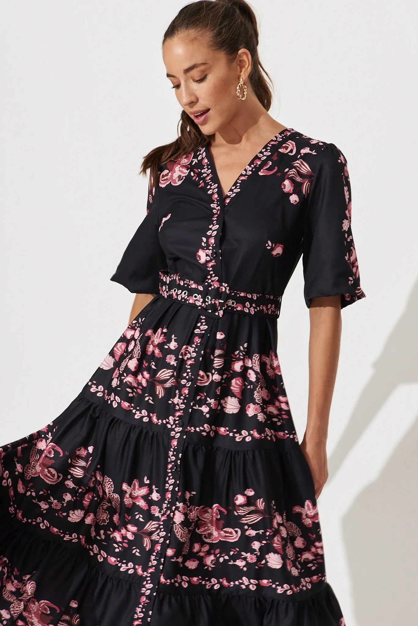 Piper Midi Dress In Black With Blush Floral sold by St Frock product image thumbnail 2