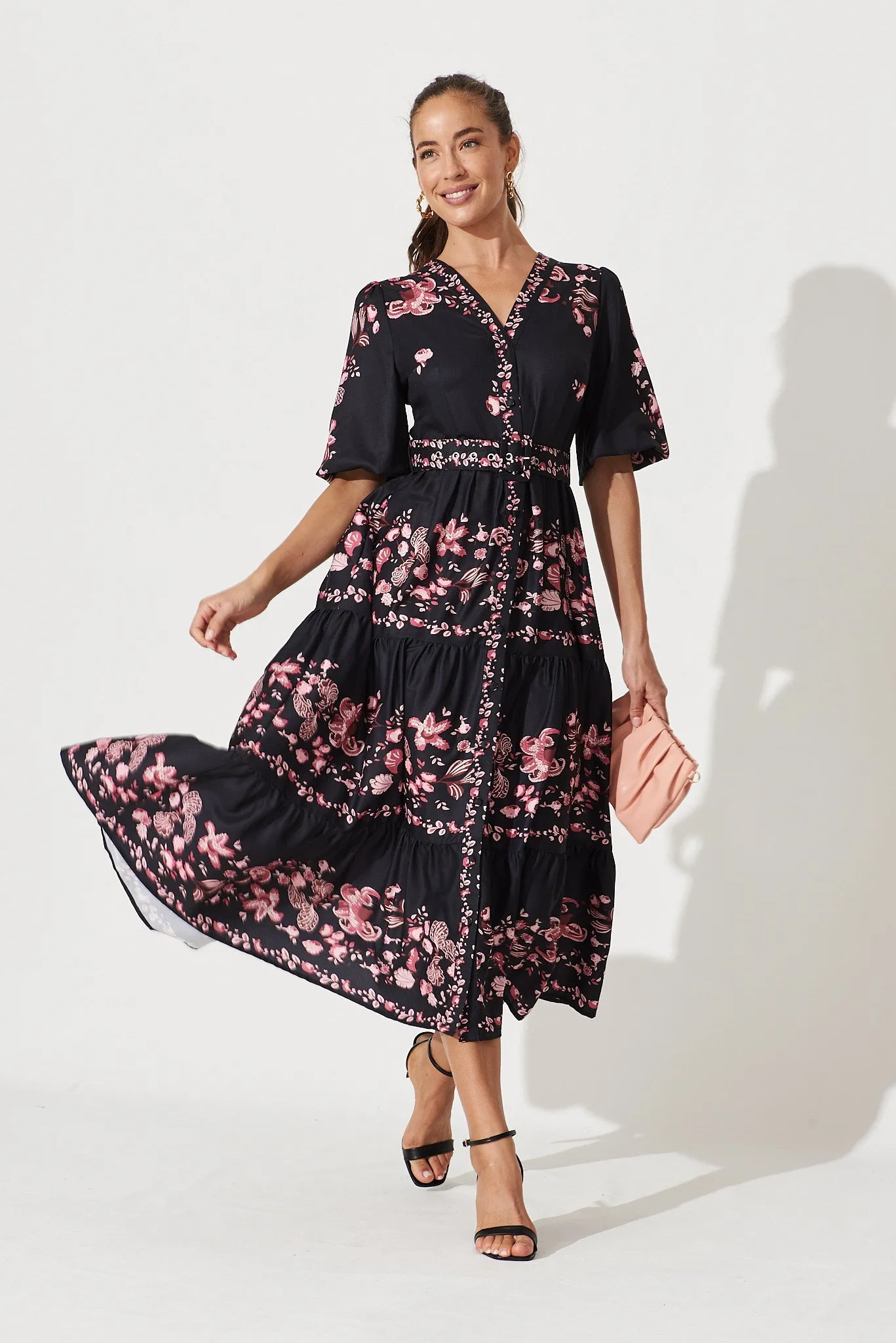 Piper Midi Dress In Black With Blush Floral sold by St Frock