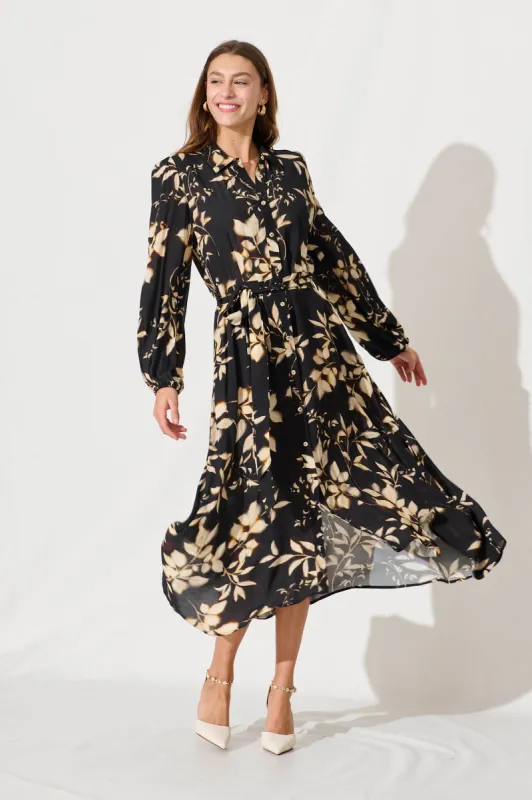 Josy Midi Shirt Dress In Black With Champagne Leaf Print sold by St Frock