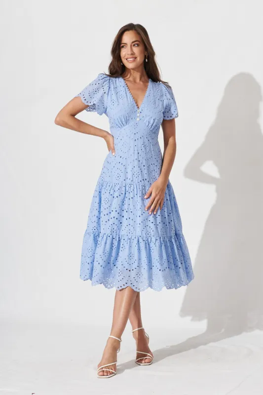 Charm Midi Dress In Sky Blue Broderie sold by St Frock