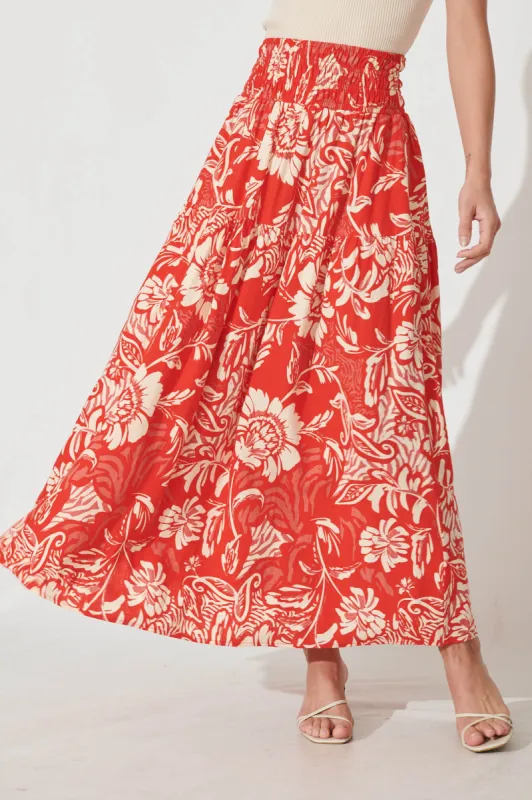 Simona Maxi Skirt In Red With Cream Floral Linen Blend sold by St Frock